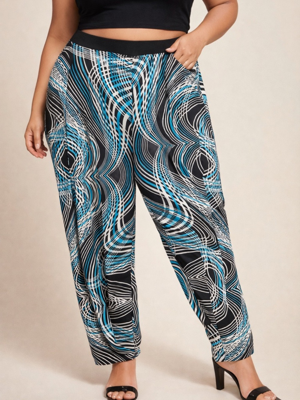 Hot Ginger 3X Abstract Print Stretch Pants Black Blue White Plus Size Y2K